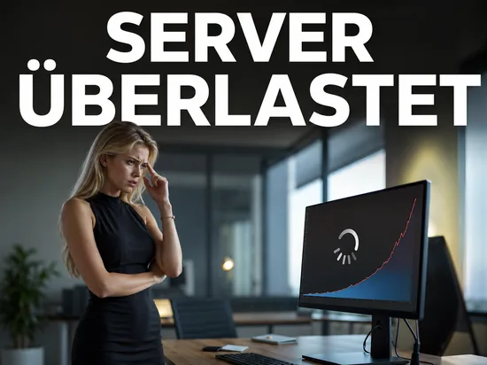 Blonde Frau blickt angespannt auf Monitor mit ladender Seite und steigender Besucherkurve, Schriftzug Server ueberlastet