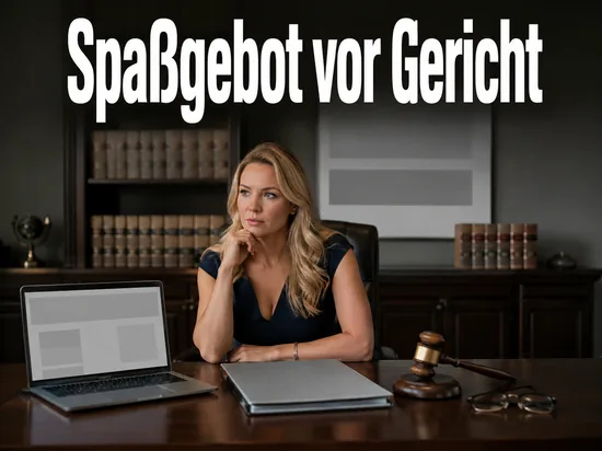 Anwaltsschreibtisch mit Laptop, Akte und Richterhammer als Symbol fuer den Rechtsstreit um ein Spassgebot