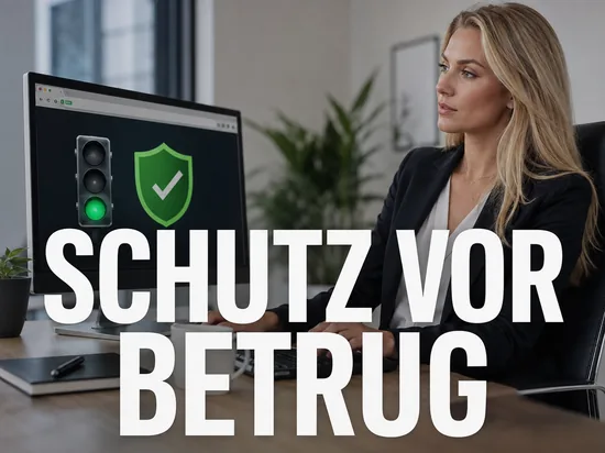 Blonde Geschaeftsfrau vor einem Browser mit gruener Ampel und Schutzschild, Schriftzug Schutz vor Betrug