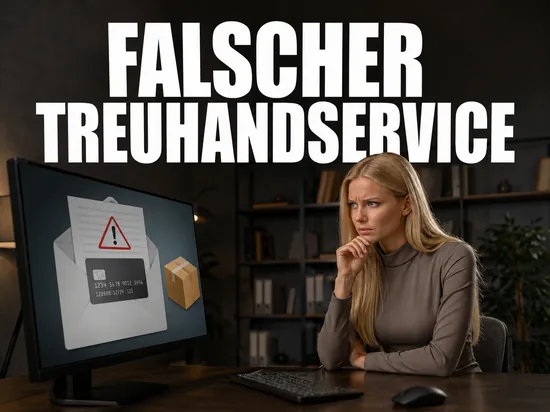 Blonde Frau blickt misstrauisch auf Monitor mit gefaelschter E-Mail und Warndreieck, Schriftzug Falscher Treuhandservice