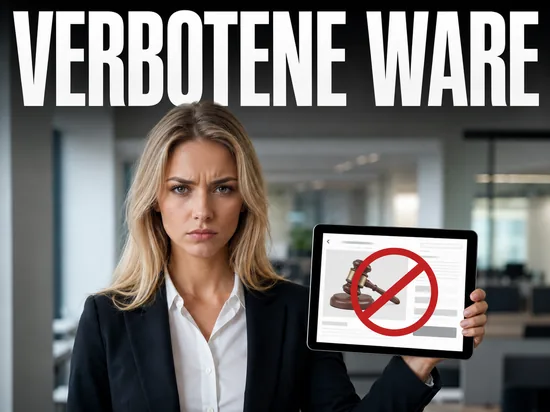 Blonde Geschaeftsfrau haelt Tablet mit Auktionsseite und grossem roten Verbotssymbol ueber gesperrtem Angebot, Schriftzug Verbotene Ware