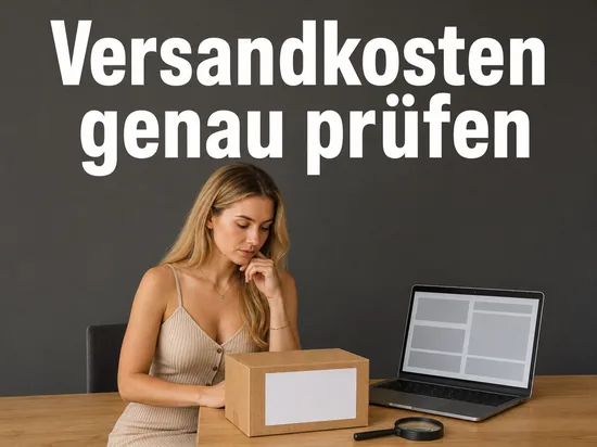 Versandkarton mit leerem Paketaufkleber neben einem Laptop als Symbol fuer die Pruefung von Versandkosten