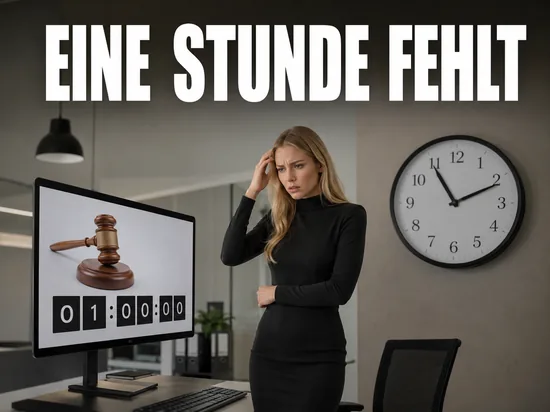 Blonde Frau steht ratlos vor Monitor mit Auktions-Countdown neben grosser Wanduhr, Schriftzug Eine Stunde fehlt