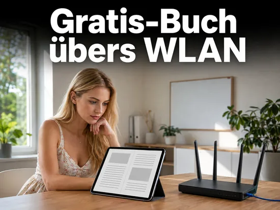 Tablet mit leerer Buchseite neben einem WLAN-Router als Symbol fuer ein kostenloses E-Book ueber Funknetzwerke