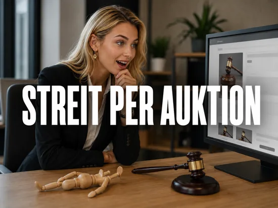 Blonde Geschaeftsfrau blickt amuesiert auf eine Auktionsseite neben Holzpuppe und Auktionshammer, Schriftzug Streit per Auktion
