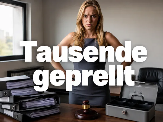 Gestapelte Aktenordner mit Kreditvertraegen, Richterhammer und leere Geldkassette, davor eine Frau mit entruestetem Blick