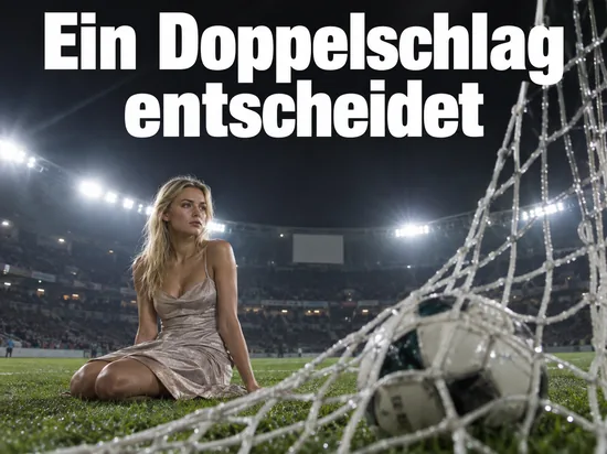 Frau sitzt im Flutlicht auf dem Rasen neben einem Ball im Tornetz