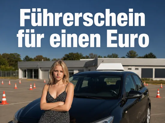 Fahrschulauto mit Dachschild auf einem Übungsplatz mit Pylonen