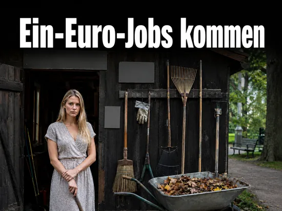 Frau steht mit einem Besen vor einem Geraeteschuppen in einer Gruenanlage
