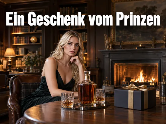 Frau sitzt an einem Tisch mit Whiskyflasche, Gläsern und einem Geschenkkarton