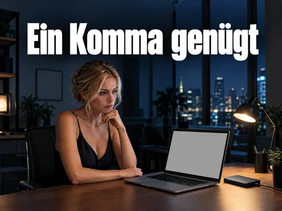 Laptop mit leerem Bildschirm auf einem Schreibtisch bei Nacht