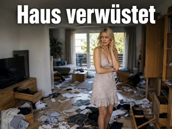 Frau in einem verwuesteten Wohnzimmer nach einem Einbruch: Taeter hinterliessen ein Chaos