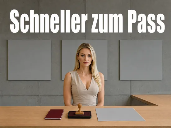 Frau an einem Amtstresen mit Reisepass, Stempel und Formular
