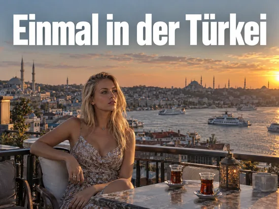 Frau sitzt auf einer Dachterrasse in Istanbul mit Blick auf den Bosporus