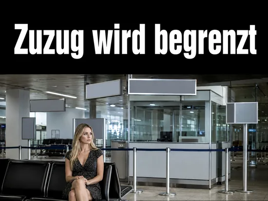 Frau sitzt im Ankunftsbereich eines Flughafens vor einer leeren Passkontrolle