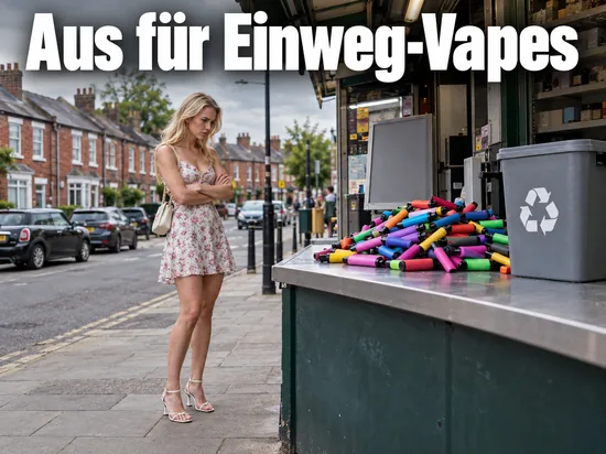 Frau steht an einem Kiosk in einer britischen Straße vor einem Haufen bunter Einweg-E-Zigaretten und einem Recyclingbehälter