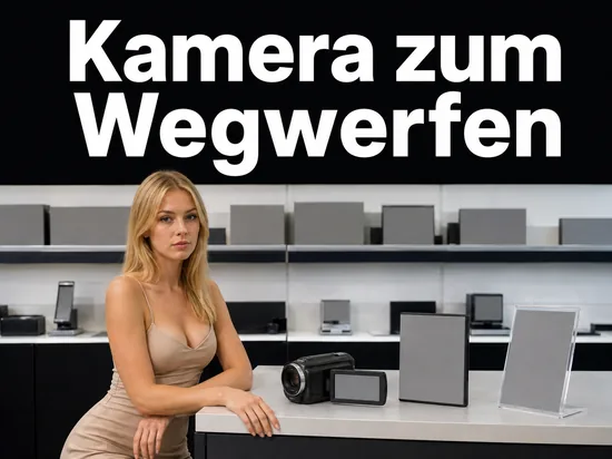 Blonde Frau an einer Ladentheke im Elektronikgeschäft mit kleiner Videokamera und leeren Verpackungen