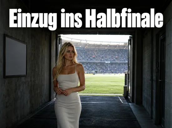 Frau im Kleid steht im Spielertunnel eines Stadions mit Blick auf das Spielfeld