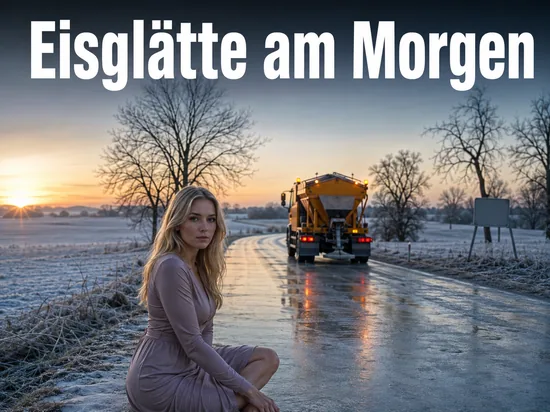 Vereiste Landstraße im Morgengrauen mit einem Streufahrzeug