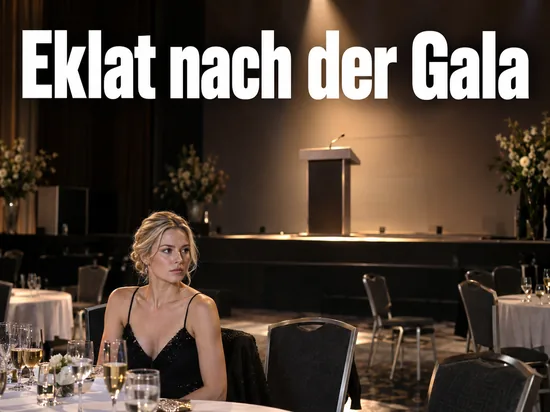 Frau im Abendkleid sitzt allein an einem Tisch in einem leeren Gala-Saal, im Hintergrund ein Rednerpult