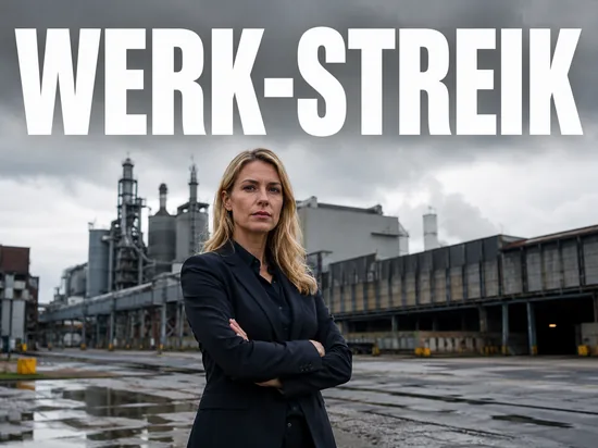 Entschlossene blonde Geschaeftsfrau vor grosser Industriefabrik unter grauem Himmel, Symbolbild europaweite Streiks gegen drohende Werkschliessung