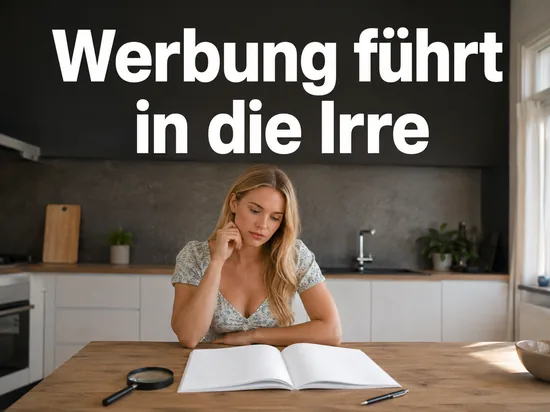 Werbeprospekt mit leeren Seiten und Lupe auf einem Kuechentisch als Symbol fuer irrefuehrende Werbung