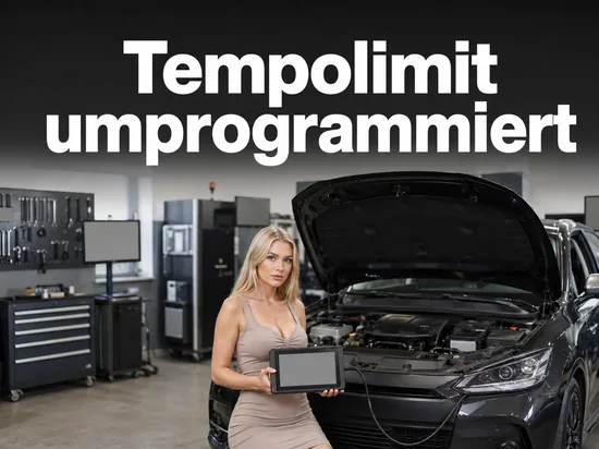 Auto mit geöffneter Motorhaube in einer Werkstatt mit angeschlossenem Diagnosegerät