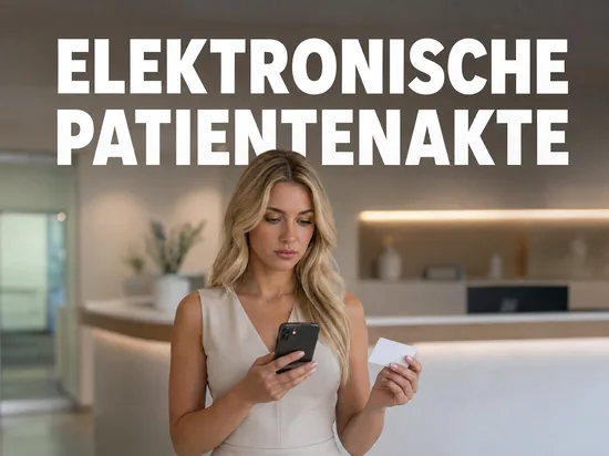 Elektronische Patientenakte: Frau prüft ihre Gesundheitsdaten am Smartphone in einer Arztpraxis