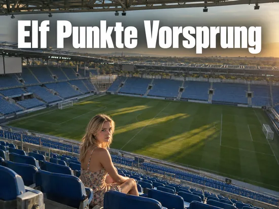 Blick von der obersten Tribünenreihe auf den Rasen eines Stadions