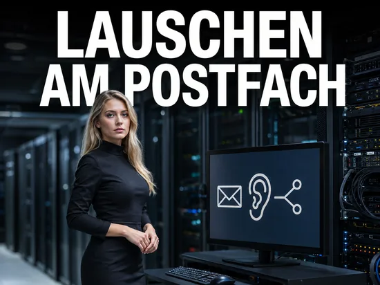 Blonde Frau im Serverraum vor Monitor mit E-Mail-, Ohr- und Netzwerksymbol, Schriftzug Lauschen am Postfach