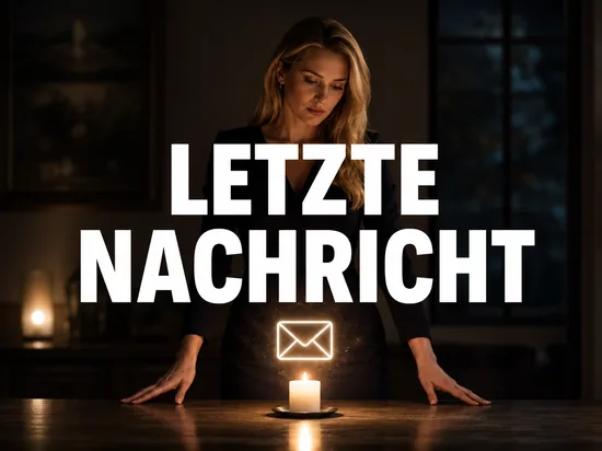 Blonde Frau in ruhigem Raum mit brennender Kerze und leuchtendem Briefumschlag als Symbol für eine E-Mail nach dem Tod