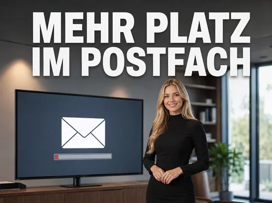 Blonde Frau laechelt vor Bildschirm mit Briefumschlag-Symbol und freiem Speicherbalken, Schriftzug Mehr Platz im Postfach