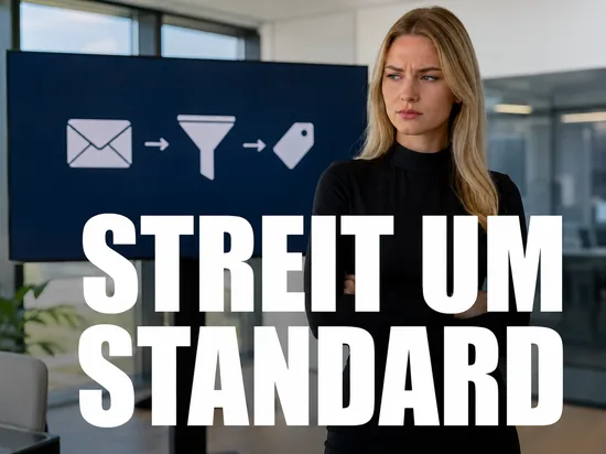 Blonde Geschaeftsfrau vor Bildschirm mit E-Mail-, Filter- und Etikett-Symbol, Schriftzug Streit um Standard