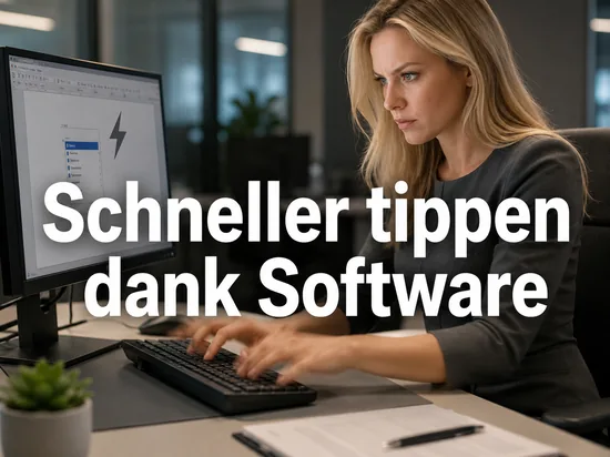 Geschaeftsfrau tippt an einer Tastatur vor einem Monitor mit Textdokument und Wortvorschlagsliste als Symbol fuer eine Software die das Tippen beschleunigt