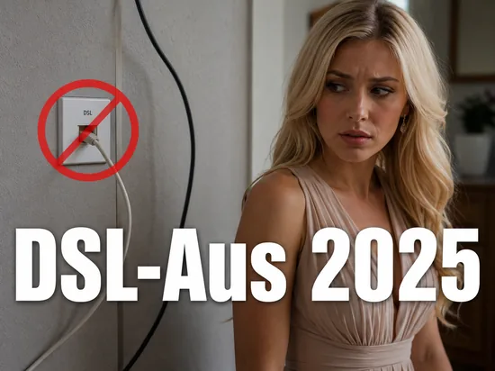 Frau vor einer DSL-Telefondose mit einem Abschalt-Symbol