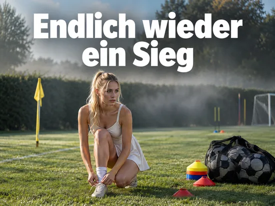 Frau schnürt ihren Schuh auf einem Trainingsplatz mit Hütchen und Bällen