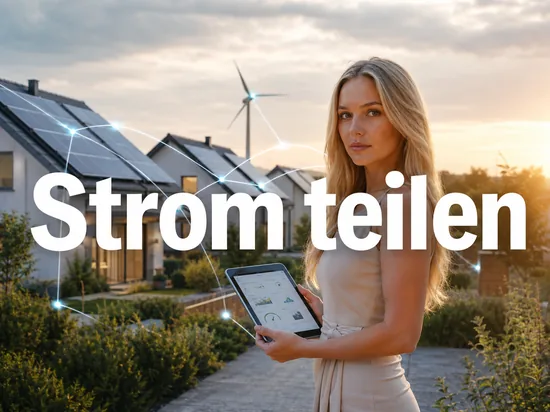 Wohnsiedlung mit Solardaechern und Gemeinschafts-Windrad, verbunden durch symbolische Leitungen, davor eine Frau mit Tablet