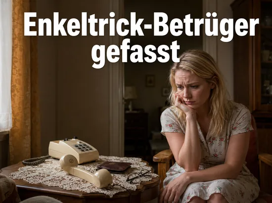 Frau neben einem alten Festnetztelefon in einer Seniorenwohnung: Enkeltrick-Betrueger gefasst