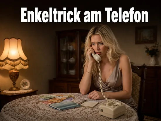 Frau am Telefon in altmodischer Wohnung mit Geldscheinen und Sparbuch: Jugendbande betrog Rentner mit dem Enkeltrick