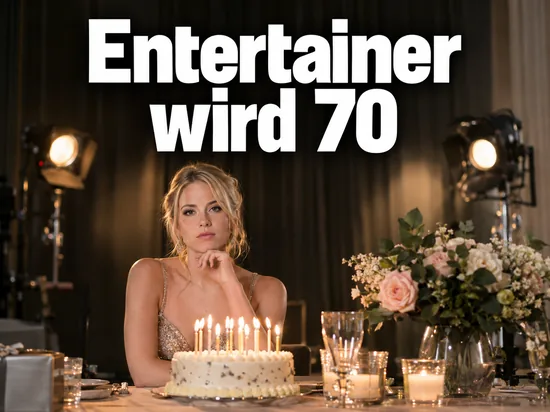 Frau an einem Tisch mit Geburtstagstorte und Blumen vor Studioscheinwerfern