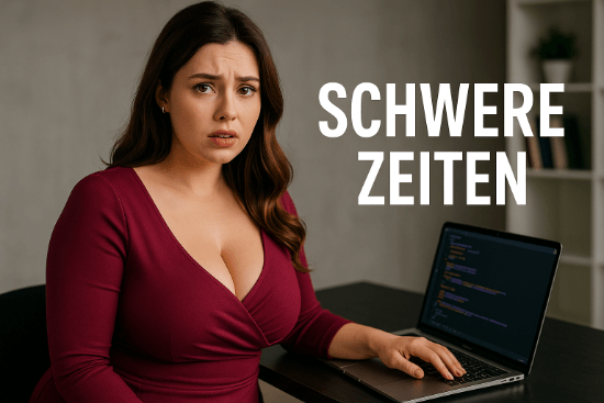 Fiktive, attraktive Frau in elegantem Kleid sitzt mit nachdenklichem Blick vor einem Laptop. Der Bildschirm zeigt Programmiercode. Rechts steht gro&szlig; der Text &bdquo;Schwere Zeiten&ldquo;.