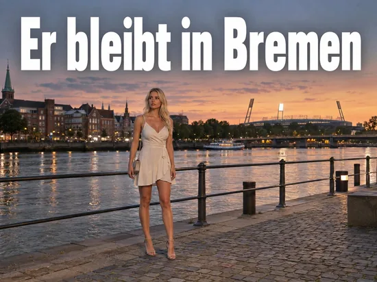 Frau steht an der Weserpromenade, im Hintergrund das beleuchtete Stadion