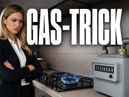 Energieversorger verdünnen Erdgas, skeptische Geschäftsfrau vor Gasflamme und schnell drehendem Gaszähler