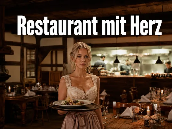 Frau mit Teller in einem gemuetlichen Restaurant, Schriftzug Restaurant mit Herz