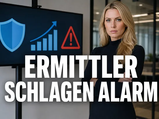 Blonde Geschaeftsfrau vor Bildschirm mit Schutzschild, steigender Statistik und Warndreieck, Schriftzug Ermittler schlagen Alarm