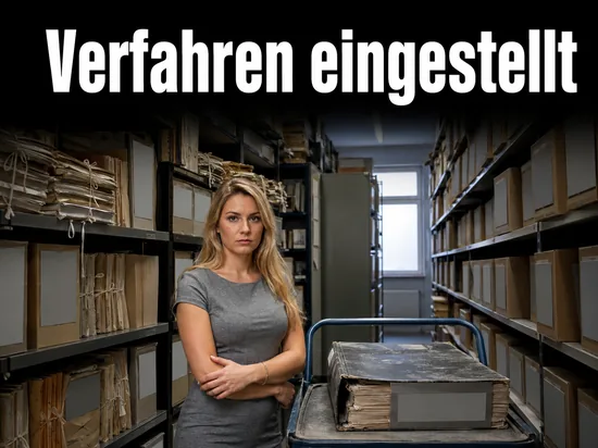 Frau steht in einem Aktenarchiv neben einem Rollwagen mit einem dicken Aktenordner
