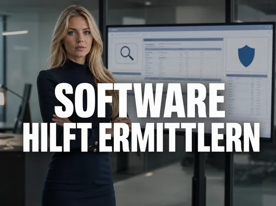Blonde Frau vor Bildschirm mit Ermittlungssoftware, Lupe und Schutzschild, Schriftzug Software hilft Ermittlern