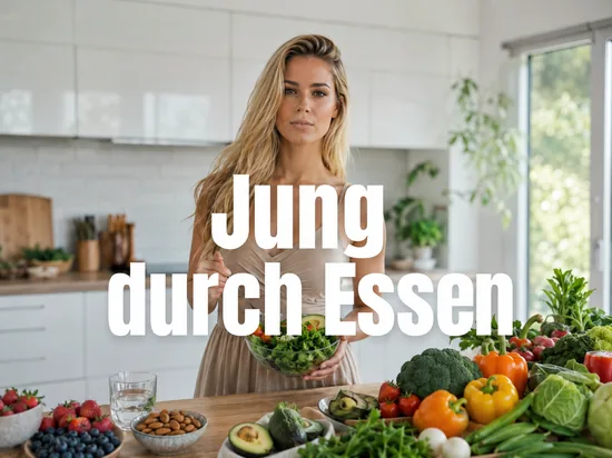 Kuechentisch voller frischer gesunder Lebensmittel wie Gemuese, Beeren, Nuesse und Avocado, davor eine Frau mit Salatschuessel