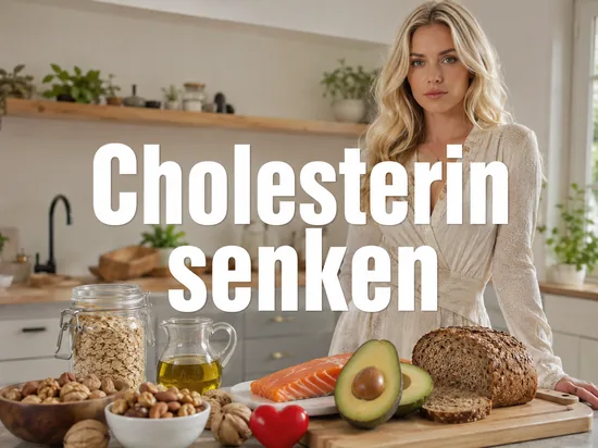 Herzgesunde Lebensmittel wie Haferflocken, Nuesse, Olivenoel, Lachs, Avocado und Vollkornbrot mit Herz-Symbol, davor eine Frau