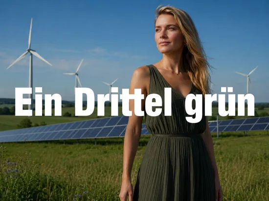 Windraeder und Solarmodule in gruener Landschaft, davor eine Frau mit zuversichtlichem Blick